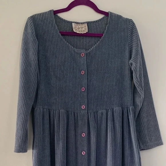Vintage Blue Terrycloth Corduroy Button-Down Longsleeve Dress - Picture 3 of 6
